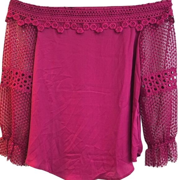 Roaman’s‎ Women’s 14W Magenta Off Shoulder Lace Sleeve Top Plus Size Boho Chic - Picture 2 of 9